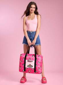 THE POWERPUFF GIRLS X SHEIN Hot Pink Heart Cartoon Foldable Travel Tote Bag, Large Capacity With Front Zip Pocket, Collapsible Design For Weekend Trips, Gym And Daily Storage - Rose pink - View 4