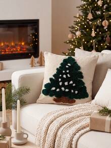 1 Piece, Christmas Tree Tufted Pillow Cover, Green Three-Dimensional Texture Christmas Decorative Cushion Cover, White Star Pattern Sofa Pillow Cover, Suitable For Living Room, Bedroom And Winter Holiday Home Decoration - Multicolor - View 6