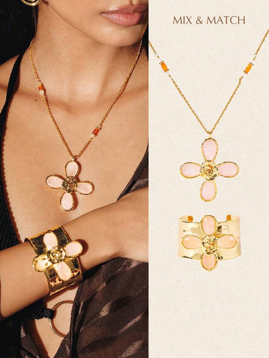 Glisma Powder Crystal Four-Leaf Flower Set Bracelet Necklace, Daily Versatile - gold dust - View 1