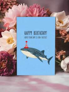 1PC Thick Paper Blank Inside Smooth Writing Durable Blue Background Whale Shark Party Hat Cartoon Funny Pun Text Birthday Greeting Card With Red Envelope For Ocean Lovers Adults Friends Birthday Party Celebration Ocean Themed Funny Birthday Gift Card - multicolor - View 6