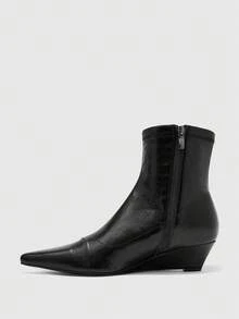CUCCOO BIZCHIC Women's Shoes Simple Splicing Pointed Wedge Heel Black Soft Leather Elastic Ankle Boots Commuting Versatile And Thin Fashion Boots Fall Boots - Black - View 4