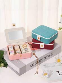 Portable Jewelry Box PU Leather Velvet Lining With Mirror Button Closure Earring Stud Ring Necklace Organizer Exquisite Compact Travel Case Thanksgiving Gift For Women Girls Home Dresser Trip - a - View 2