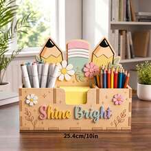 1pc 25.4cm Wooden Desk Organizer With Apple Pencil Rainbow Pattern Multi Compartment Pen Holder For Teacher Office Classroom Decor All Seasons. - Multicolor - View 2