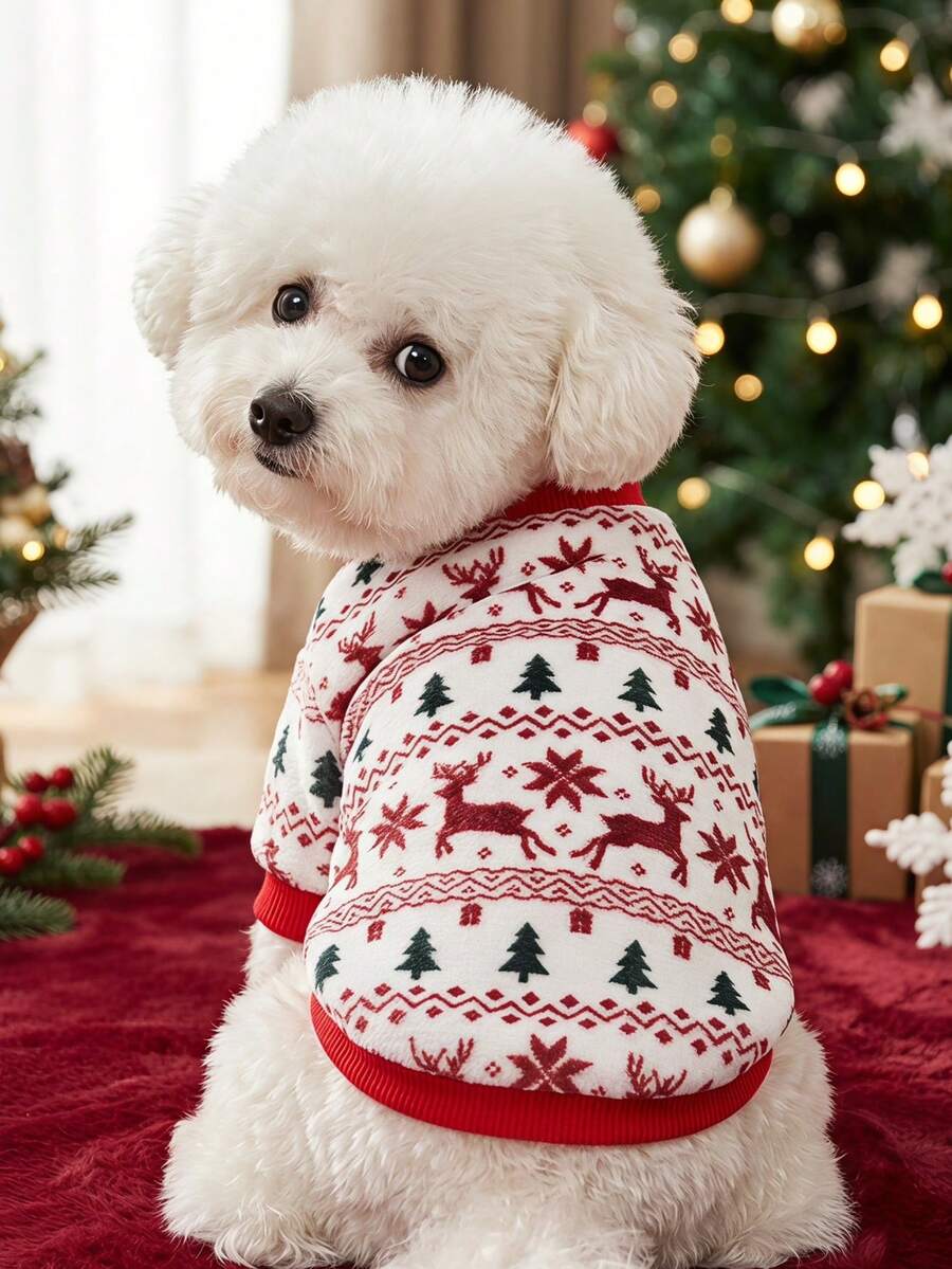 PETSIN 1 Pet Christmas Cat Dog Universal Red And Green Elk Snowflake Geometric Fer Island Pattern Print Plush Warm And Comfortable Dog Christmas - Multicolor - View 1