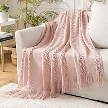 Cirelle Cozy Knitted Throw Blanket For Couch Sofa, Pink Decorative Blanket With Fringe Tassels, Texture Cable Knit Wave Pattern Throw For Chair Bed Living Room, Soft Light Weight Warm Decorative Home Decor - Pink - View 5