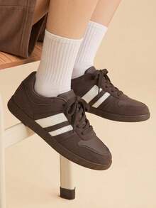 CUCCOO EASI Brown Flat Casual Lace-Up German Trainer Sneakers, Patchwork Design Soft Leather Back To School College Style Versatile Sports Shoes Fall Shoes - Blue - View 1