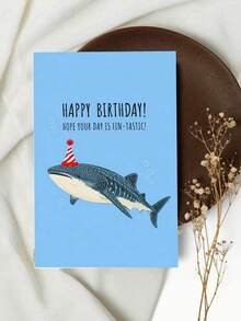 1PC Thick Paper Blank Inside Smooth Writing Durable Blue Background Whale Shark Party Hat Cartoon Funny Pun Text Birthday Greeting Card With Red Envelope For Ocean Lovers Adults Friends Birthday Party Celebration Ocean Themed Funny Birthday Gift Card - multicolor - View 4