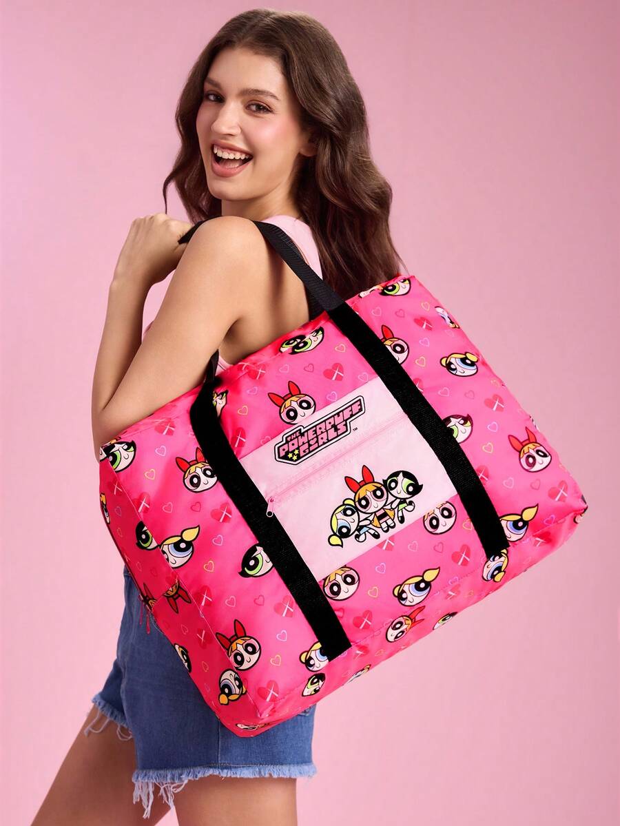 THE POWERPUFF GIRLS X SHEIN Hot Pink Heart Cartoon Foldable Travel Tote Bag, Large Capacity With Front Zip Pocket, Collapsible Design For Weekend Trips, Gym And Daily Storage - Rose pink - View 1