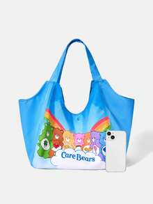 SHEIN X Care Bears 1件大容量印花圖案單肩手提包，適用於露營、海灘、旅行、購物、學校、工作等場合 - 多色-淺藍色 - 查看 3