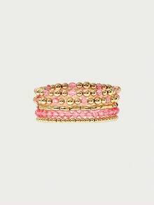 Glisma Pink Crystal Bead Beaded Bracelet Set, Multi-Piece Stacked Elastic Bracelet, Sweet Girl Style Daily Accessories - Pink - View 2