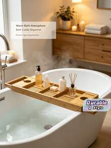 1pc Bamboo Bathtub Caddy Tray, Expandable Bath Tray For Tub, Adjustable Wooden Bath Organizer With Wine Glass & Book Holder, Bathroom Storage Rack For Bathtub, Spa Reading & Bathing Accessories - Bamboo - View 1