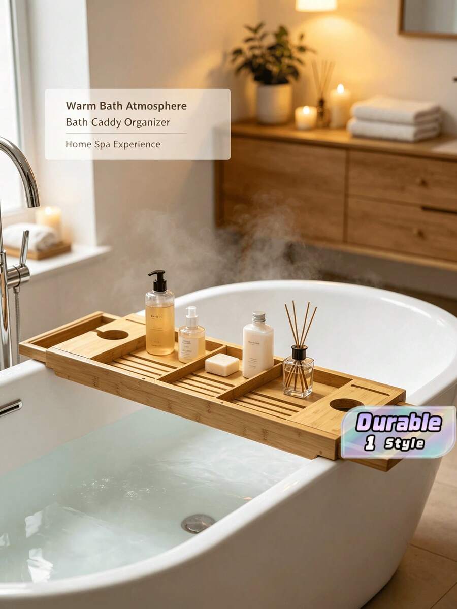 1pc Bamboo Bathtub Caddy Tray, Expandable Bath Tray For Tub, Adjustable Wooden Bath Organizer With Wine Glass & Book Holder, Bathroom Storage Rack For Bathtub, Spa Reading & Bathing Accessories - Bamboo - View 1
