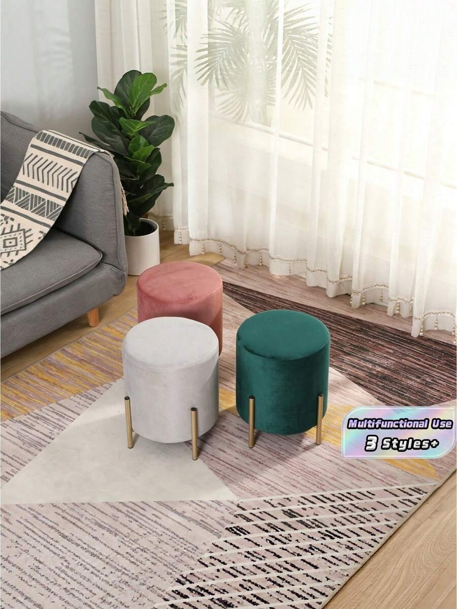 1PC Compact Size Metal Frame Round Fabric Low Stool Ottoman With Non Slip Base Modern Minimalist Design Seating For Living Room Entryway Shoe Changing Creative Side Table Alternative Small Space Decor Essential - Multicolor - View 1
