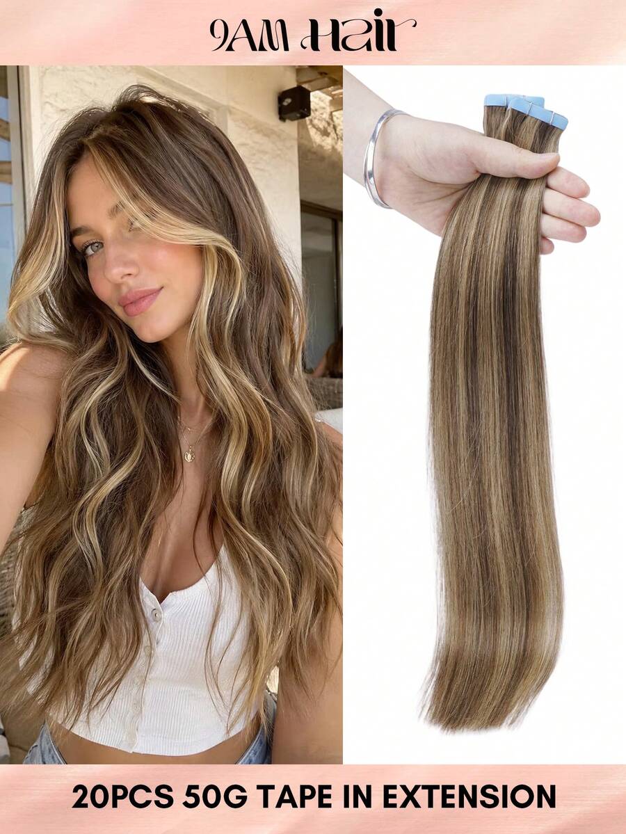 20pcs 50g Tape In Hair Extension, 100% Real Remy Human Hair Extension For Salon Silky Seamless Invisible Skin Weft Tape Ins, For Thinning Hair Woman Natural Look Can Be Reused ,For Fine Or Thin Hair ,Add Volume Halloween Costumes,Highlight 6P27# - S6/27 - View 1