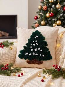 1 Piece, Christmas Tree Tufted Pillow Cover, Green Three-Dimensional Texture Christmas Decorative Cushion Cover, White Star Pattern Sofa Pillow Cover, Suitable For Living Room, Bedroom And Winter Holiday Home Decoration - Multicolor - View 1