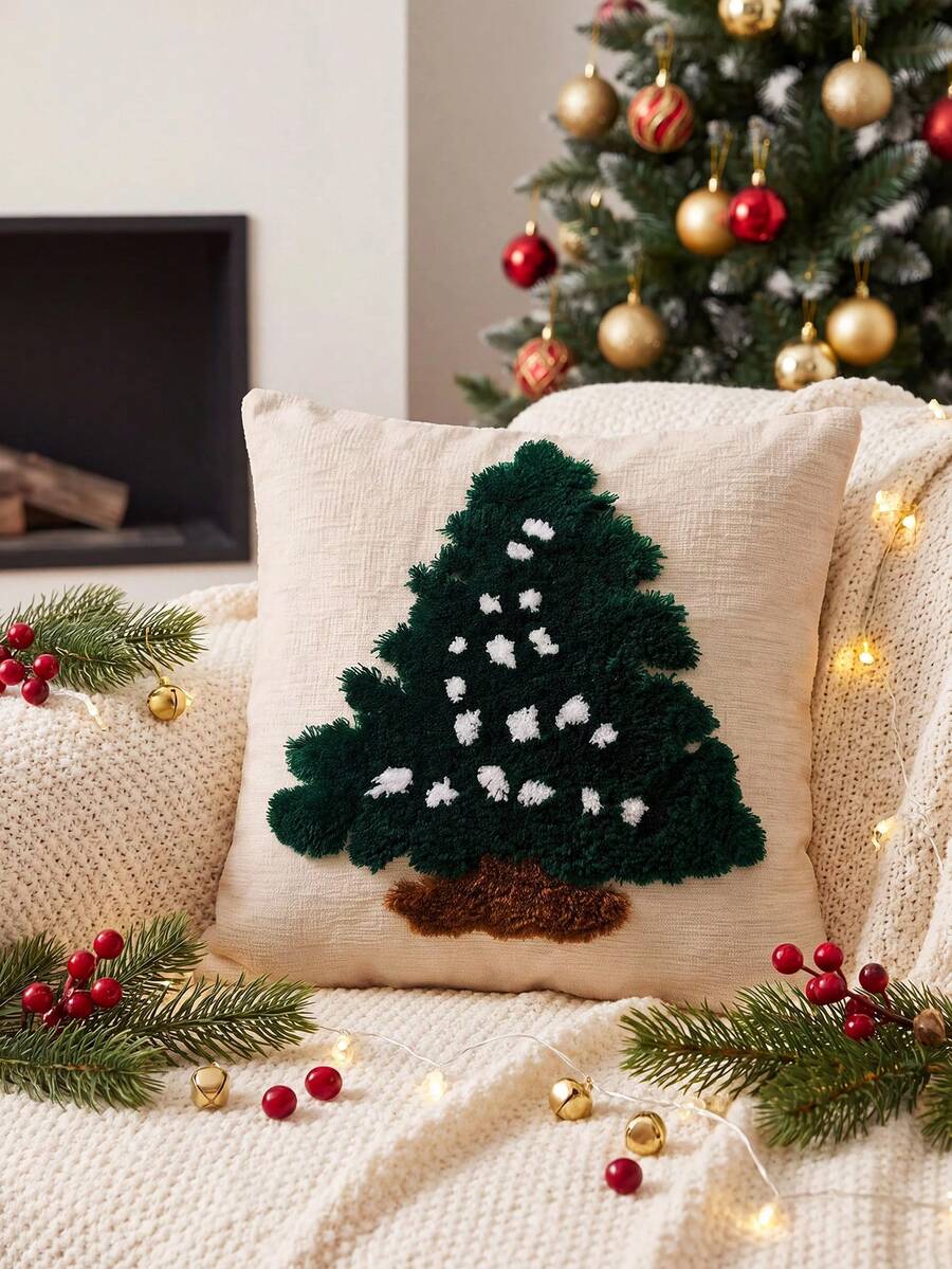 1 Piece, Christmas Tree Tufted Pillow Cover, Green Three-Dimensional Texture Christmas Decorative Cushion Cover, White Star Pattern Sofa Pillow Cover, Suitable For Living Room, Bedroom And Winter Holiday Home Decoration - Multicolor - View 1