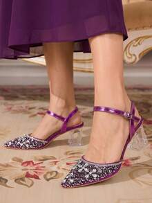 CUCCOO TILAWA Ladies' Fashionable And Elegant Pointed Crystal Heel, Rhinestone Pointed Laser Lace, Women's High-Heeled Shoes, Suitable For Banquets, Parties Fall Shoes - Purple - View 8