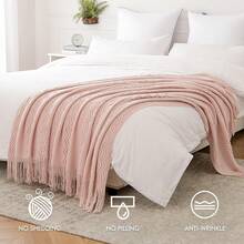 Cirelle Cozy Knitted Throw Blanket For Couch Sofa, Pink Decorative Blanket With Fringe Tassels, Texture Cable Knit Wave Pattern Throw For Chair Bed Living Room, Soft Light Weight Warm Decorative Home Decor - Pink - View 7