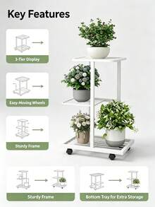 3-Tier Metal Flower Stand With Casters | Decorative Shelf, Storage Rack, Living Room/Balcony Flower Stand, Can Hold 4 Potted Plants - Multicolor - View 2