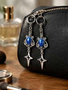 Vintage Gothic Style Bag Hanging Ornament, Hollow Star Key Chain, Antique Silver Tone Gem Decor Charm, Stylish Backpack Pendant For Daily & Party Matching - Multicolor - View 9