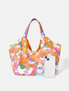 SHEIN X Care Bears 1件大容量印花圖案單肩手提包，適用於露營、海灘、旅行、購物、學校、工作等場合 - 多色-橙粉漸變色 - 查看 3