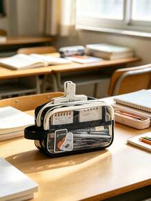 1 buah Kotak Pensil Transparan dengan Resleting Ganda dan Pegangan, Kapasitas Besar, Tas Pena Jendela Transparan, Berbagai Warna, Organizer Alat Tulis Portabel untuk Siswa, Sekolah, Kantor, Perlengkapan Sekolah. - MultiWarna - View 8