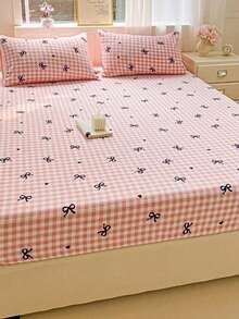 Cirelle 1pc Pink Plaid Bow Fitted Sheet, Soft Microfiber Bed Sheet With All-Around Elastic Deep Pocket, Cute Coquette Gingham Bedding Sheet - Multicolor - View 5