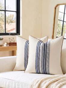 Cirelle 1pc/2pcs All-Season Middle Vertical Striped Patchwork Throw Pillow Covers, Square Cushion Cases With Piped Edge Design, Neutral Rustic Farmhouse Boho Home Decor For Sofas,Bedrooms,Bay Windows,Homestays&Influencer Apartments,Pillow Insert Not Included - Blue - View 16