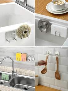 Stainless Steel Self Adhesive Drain Rack 2/4/8/12PCS, No Drill Wall Mount Sink Organizer Shelf For Kitchen Bathroom, Space Saving Storage Rack For Living Room Entryway Home Use, Rust Proof Durable Easy Install - Silver - View 11