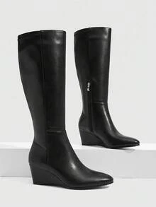 CUCCOO SZL Royal Sister Commuter Style Workplace Women Shopping Dating Autumn And Winter Soft Leather Pleated Pointed Slope Heel High Boots - Black - View 1
