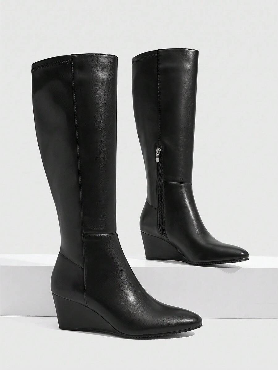CUCCOO SZL Royal Sister Commuter Style Workplace Women Shopping Dating Autumn And Winter Soft Leather Pleated Pointed Slope Heel High Boots - Black - View 1