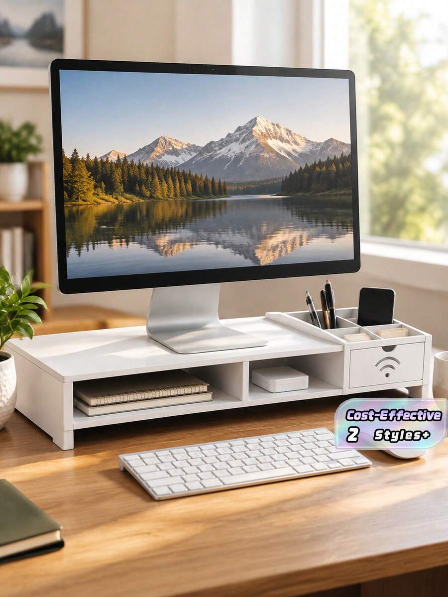 Black Monitor Riser Stand, Desktop Storage Bracket With Pen Holder And Storage Compartment, Computer Lift Shelf, Office/Student Keyboard Organizer. - WIFI Booster Stand - View 1