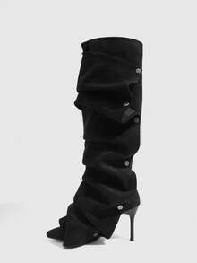 CUCCOO SZL Outdoor Ladies Pointed Stiletto Fleece Fabric Silver Button Decoration Stylish Simple Comfortable Daily Party Banquet Side Zipper Boots - Black - View 4