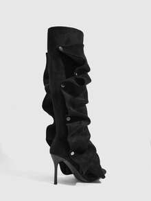 CUCCOO SZL Outdoor Ladies Pointed Stiletto Fleece Fabric Silver Button Decoration Stylish Simple Comfortable Daily Party Banquet Side Zipper Boots - Black - View 3