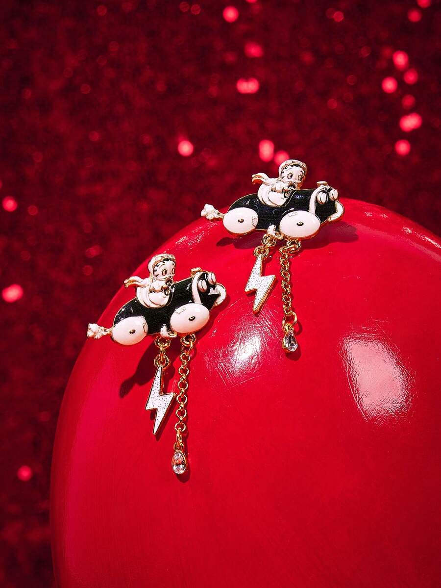 Betty Boop x SHEIN A Pair Of New Creative Cartoon Earrings, IP Joint Design, Lovely Personality, Simple And Generous, Can Also Be Used As Accessories, Suitable For Vario - Gold - View 1