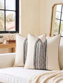 Cirelle 1pc/2pcs All-Season Middle Vertical Striped Patchwork Throw Pillow Covers, Square Cushion Cases With Piped Edge Design, Neutral Rustic Farmhouse Boho Home Decor For Sofas,Bedrooms,Bay Windows,Homestays&Influencer Apartments,Pillow Insert Not Included - Black - View 16