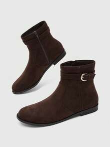 CUCCOO BIZCHIC Round Toe Brown Boots, Vintage Suede Versatile Side Zip Buckle Fashion And Ankle Boots Fall Boots - Brown - View 3