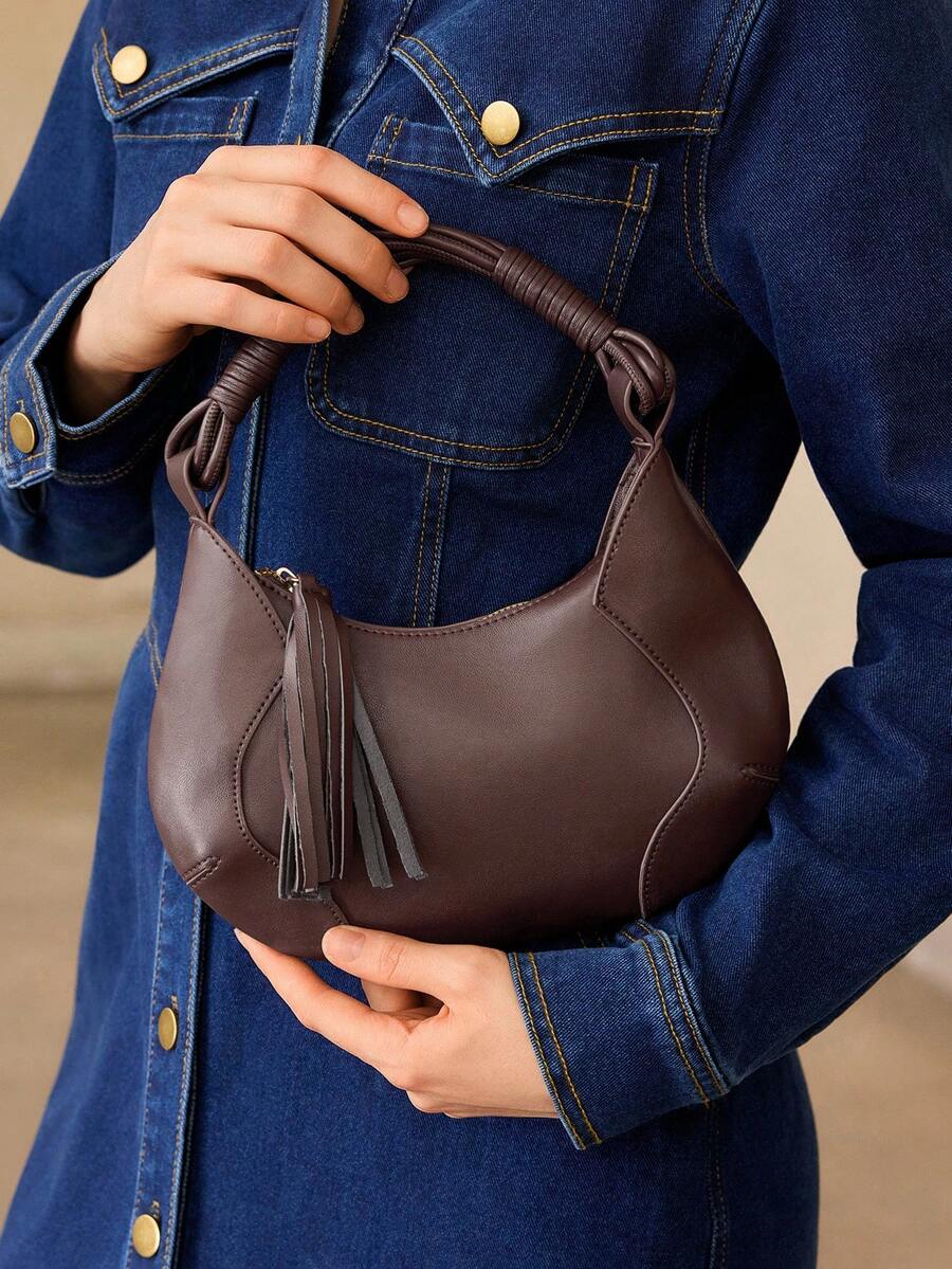 MOTF WOMEN'S FASHION BURGUNDY HANDBAG, EXQUISITE TASSEL, SIMPLE ROUND BAG, CROSSBODY, FOR DAILY, SHOPPING, COMMUTING, TRAVEL - Coffee - View 1