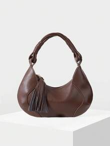 MOTF WOMEN'S FASHION BURGUNDY HANDBAG, EXQUISITE TASSEL, SIMPLE ROUND BAG, CROSSBODY, FOR DAILY, SHOPPING, COMMUTING, TRAVEL - Coffee - View 3