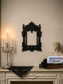 1PC Standard Size Vintage Gothic Carved Skull Church Arch Wall Decor Frame With Distressed Dark Ornate Finish Detailed Sculptural Relief Design Hanging Mirror Frame Ornament For Halloween Spooky Atmosphere Living Room Bedroom Office Entryway - 1PC - View 1
