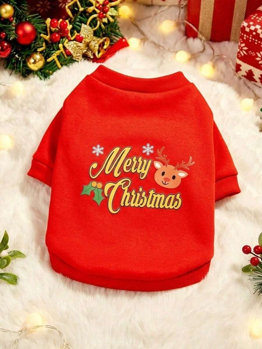 PETSIN 1pc Pet Christmas Style Thick Red Sweatshirt, Christmas Gift - Multicolor - View 1