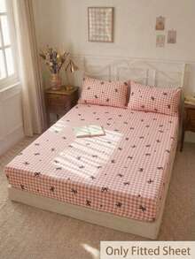 Cirelle 1pc Pink Plaid Bow Fitted Sheet, Soft Microfiber Bed Sheet With All-Around Elastic Deep Pocket, Cute Coquette Gingham Bedding Sheet - Multicolor - View 2