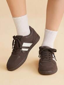 CUCCOO EASI Brown Flat Casual Lace-Up German Trainer Sneakers, Patchwork Design Soft Leather Back To School College Style Versatile Sports Shoes Fall Shoes - Blue - View 5