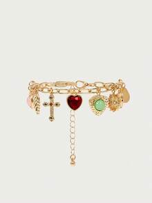 Glisma French Retro Colored Stone OT Buckle Bracelet, Powder Crystal Love Cross Colored Treasure Splicing Bracelet, European And American Style Pendant Brace - Multicolor - View 6