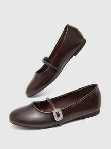 CUCCOO BIZCHIC Women's Shoes Burgundy Round Toe Rhinestone Cross Strap Mary Jane Flats Daily Commute Fall Shoes - Burgundy - View 3