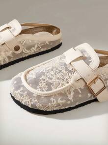 Solecia Lace Embroidered Mesh Breathable Design Buckle Strap Lightweight Sweet French Style Apricot Date Afternoon Tea Fall Shoes - Apricot - View 10