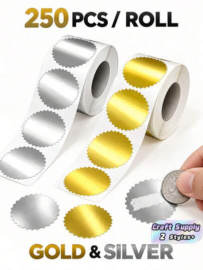 1 rolă cu 250 buc. etichete sigiliu gofrete cu margini zimțate, aurii și argintii, 50 mm, autoadezive, blank, lucioase, decorative, pentru diplomă, invitație, cadou, plic, nuntă, sărbători, petrecere, eveniment, own craft, birou, decor casnic, accesorii