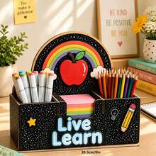 1pc 25.4cm Wooden Desk Organizer With Apple Pencil Rainbow Pattern Multi Compartment Pen Holder For Teacher Office Classroom Decor All Seasons. - Multicolor - View 6