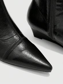 CUCCOO BIZCHIC Women's Shoes Simple Splicing Pointed Wedge Heel Black Soft Leather Elastic Ankle Boots Commuting Versatile And Thin Fashion Boots Fall Boots - Black - View 6