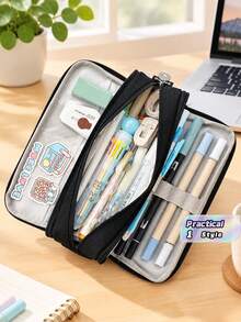 Estuche de lápices de gran capacidad con 3 compartimentos, adecuado para la escuela, adolescentes, niñas, niños, hombres, mujeres - Black - Ver 1